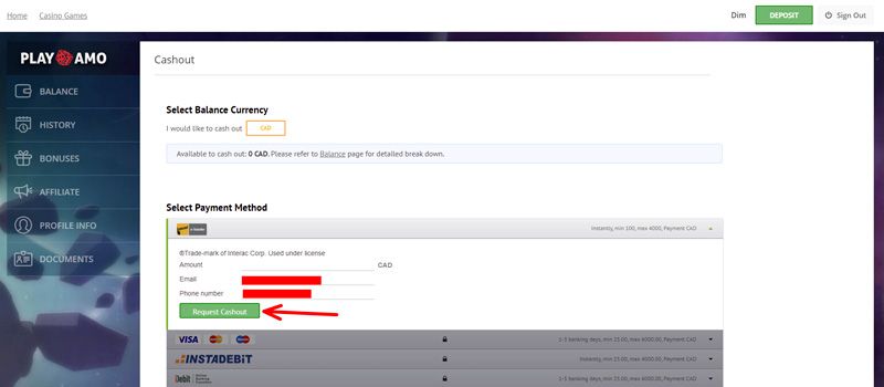 Auszahlung vom playamo Casino über interac E-Transfer