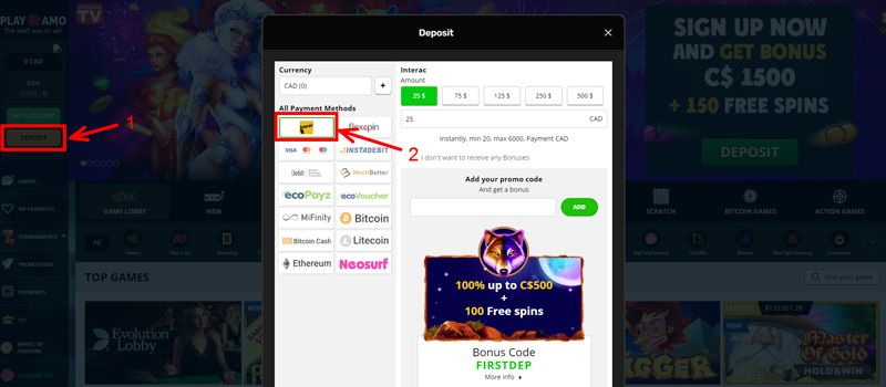 playamo Casino - Registerkarte Einzahlung