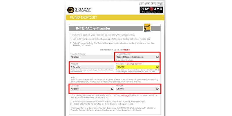 Interac E-Überweisung Einzahlungsformular