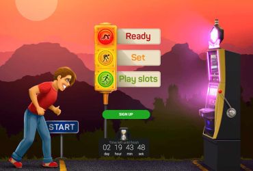 Betchan Kasino - Schlitz Rennen. Gemalte Männer an der Startlinie.