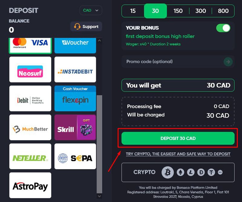 Bestätigung der Einzahlungsaktion